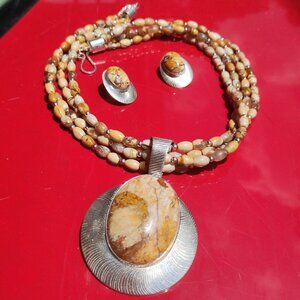 Jay King DTR brecciated jasper necklace, pendant earrings set 925 Sterling Silve